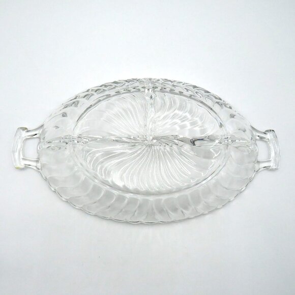 Vintage Fostoria Colonial Swirl Divided Oval Glass Relish Serving Dish Handles - Picture 5 of 8